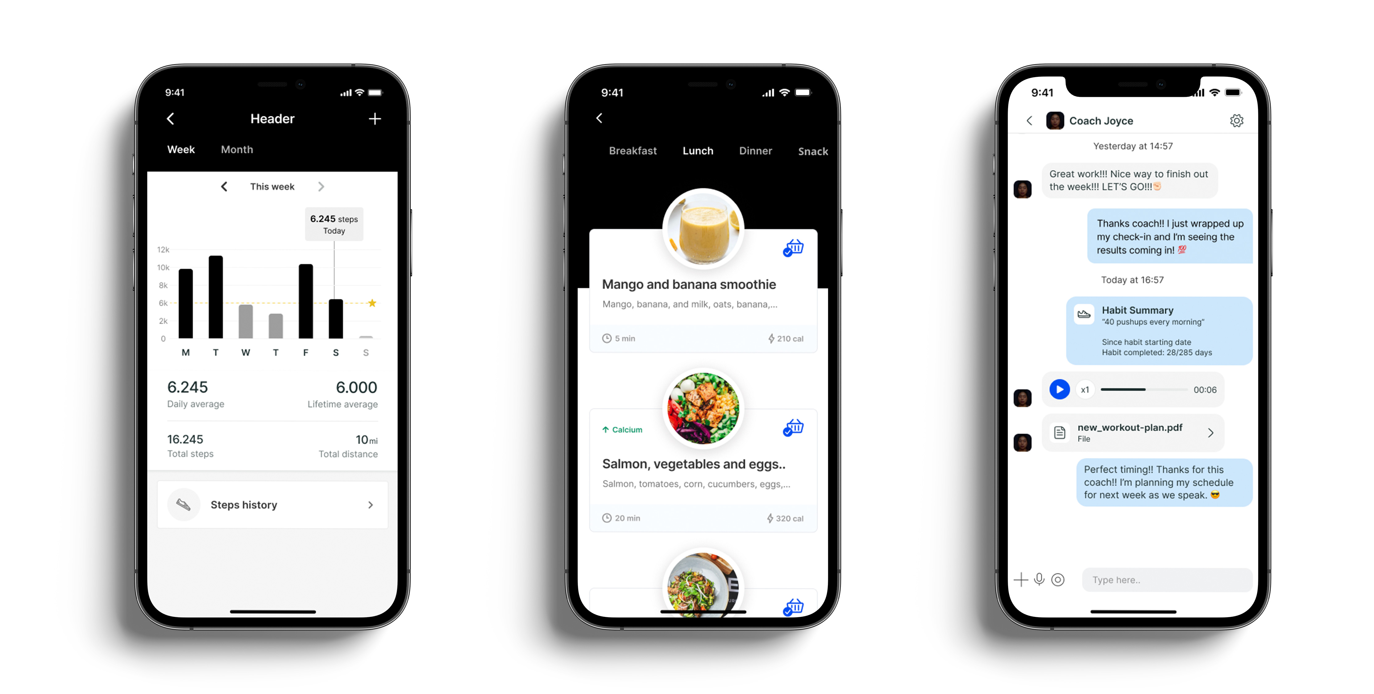 A mockup of the coaching app showcasing the different features.